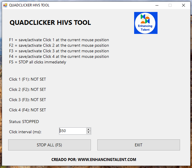 Captura real de la aplicación QUADCLICKER HIVS TOOL